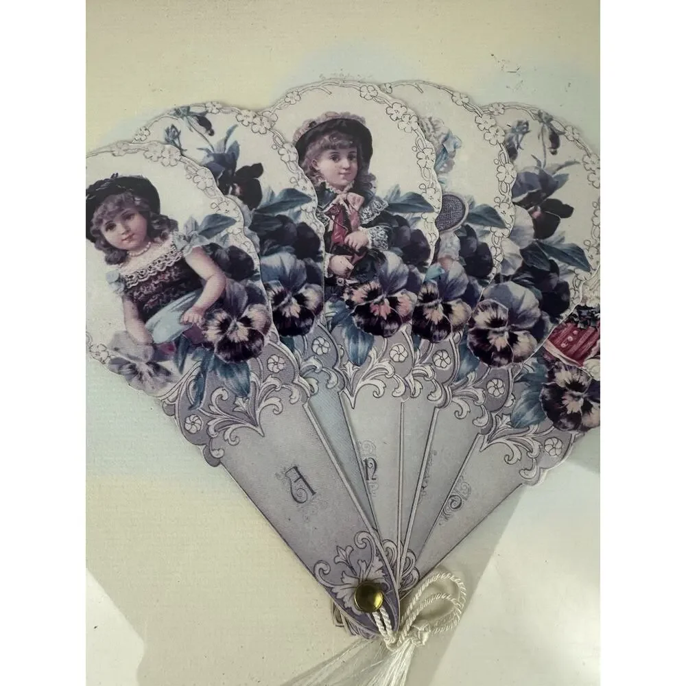Gold Framed Victorian Girls Paper Fan Greeting Card by Old Print Factory Reprod.